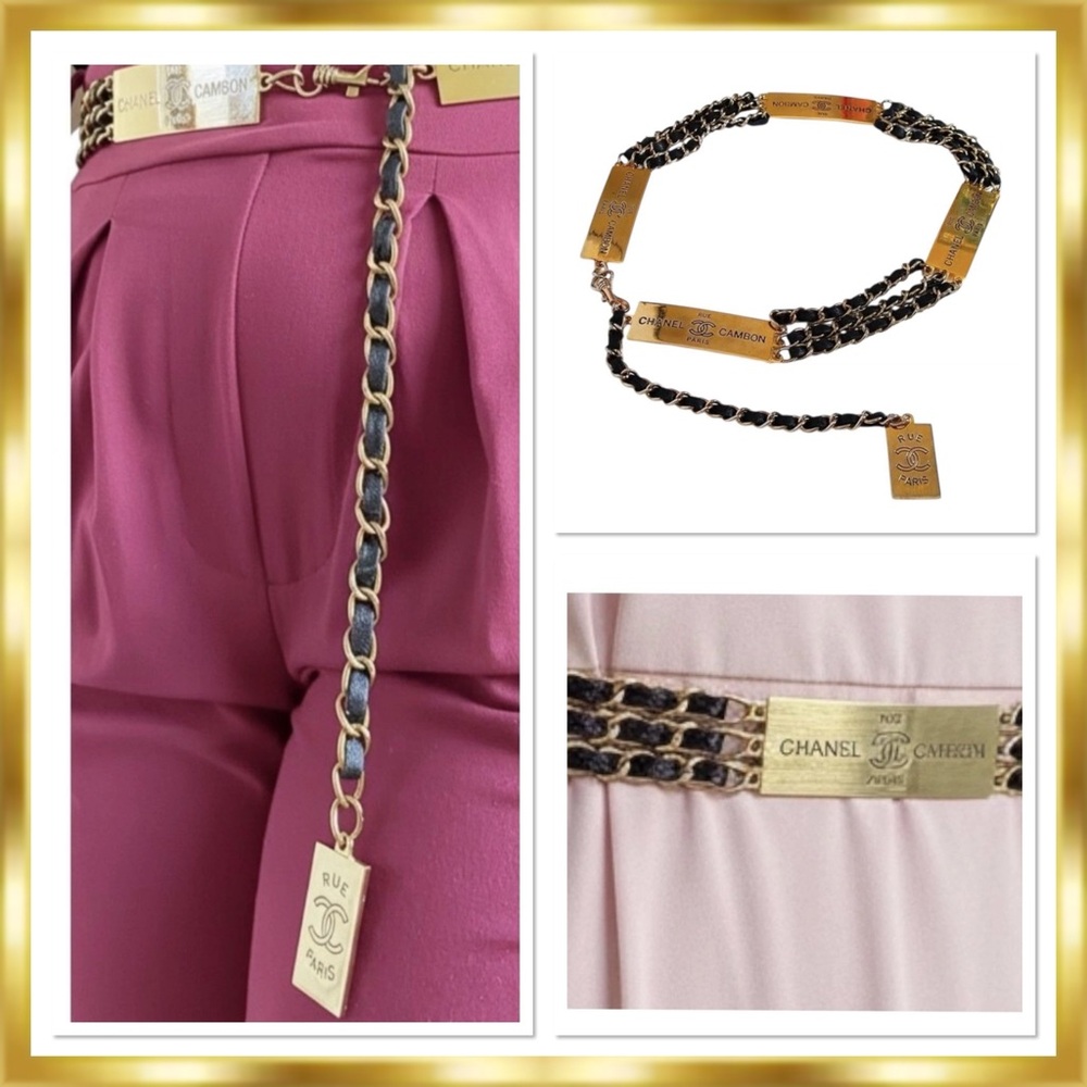 Chanel Quilted Rue Cambon Gold Chain & Black Leather Belt. Adjustable.